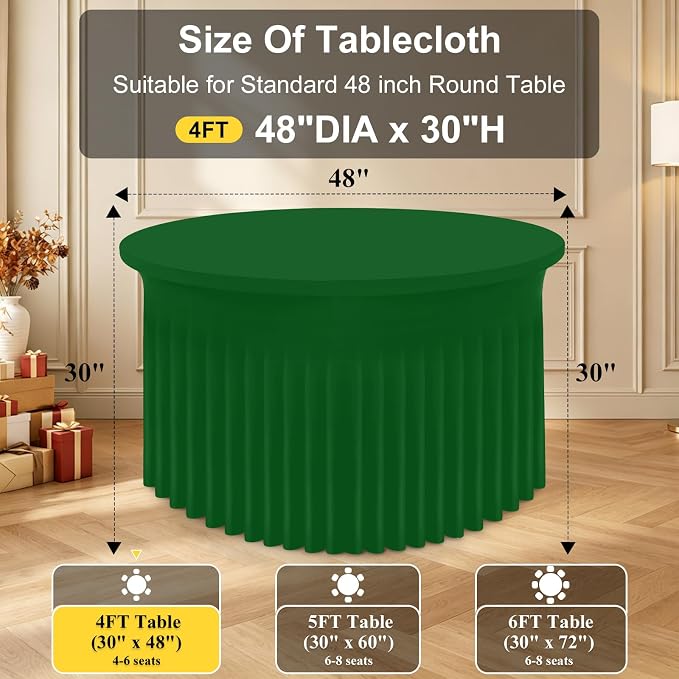 Smiry Round Spandex Tablecloth 2 Pack, Elastic Fitted Washable Tablecloths for 48 Round Tables, Waterpoof Stretch Table Cover Skirt for Outdoor, Wedding, Banquet & Parties, Emerald Green