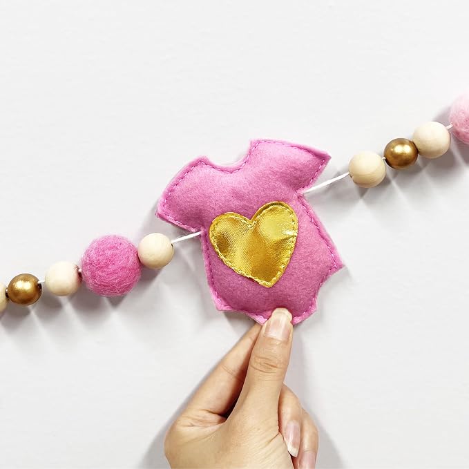 Gold and Pink Baby Clothes Decorations Handmade Pre-Strung Felt Baby Clothes Wooden Bead Wool Felt Ball Garland Banner for It's a Girl Sweet Girl Baby Shower Party Nursery Fireplace Home Wall Decor