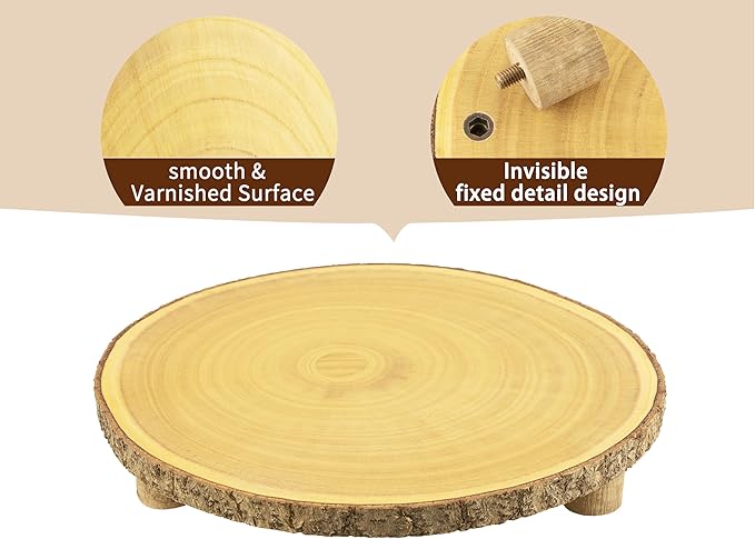 Gusnilo Rustic Wood Cake Stand with Legs – 11.5-12.5" Natural Wood Slice for Weddings, Parties & Desserts (Handcrafted Bark Edge)