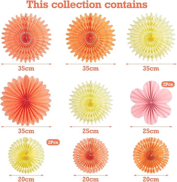 PAPER JAZZ Paper Flowers with Paper Fan Boho Hanging Decor Artificial Flowers Decorations for Wall Pink and Orange Party Decorations for Classroom, Beach Party, Summer Birthday Party Pack of 11.