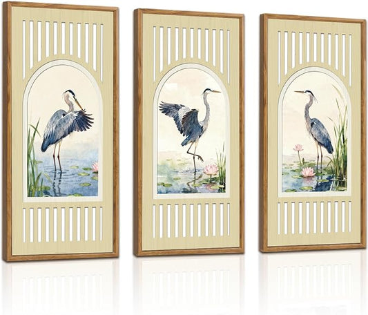 IARTTOP Great Blue Heron Wall Decor Set of 3 Farmhouse Coastal Birds Wall Art 8x16 Inch Watercolor Bird Art Prints Nature Wildlife Artwork for Living Room Bedroom Office Framed