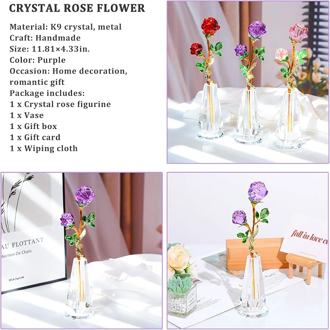 YWHL Handmade Purple Rose Flower Crystal Figurine with Vase, Bouquet Glass Flowers Ornament Rose Gifts for Wife Women, Crystal Flower Home Table Decor for Anniversary Mother's Day Wedding