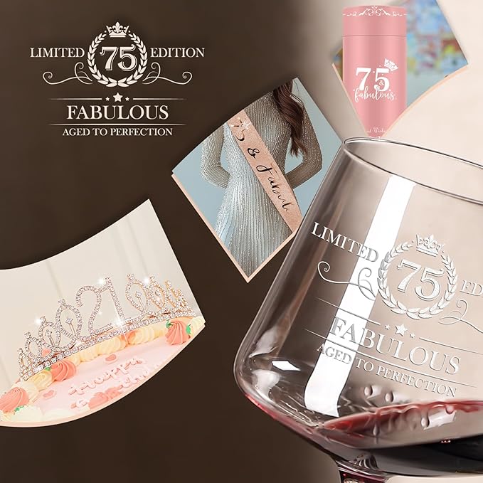 75TH Birthday Gifts for Women,Vintage Engraved 75th Wine Glass,75 Year Old Birthday Decorations For Her,75&Fabulous Sash and Tiara For Women,Friends,Sister-Turning 75th Party Favor Supplies
