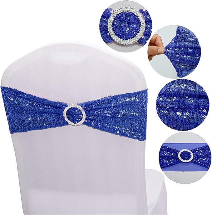 Dimatic 25 PCS Stretch Sequin Chair Sashes Chair Stretchy Spandex Bands for Wedding Reception Events Banquets Chairs Decoration (Blue)