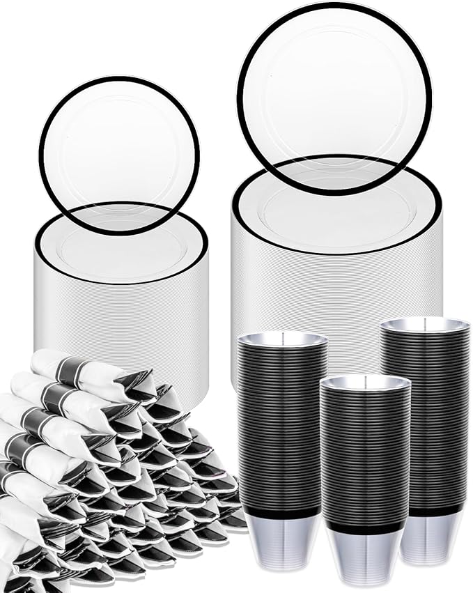 BESTVIP 700Pcs Clear Black Plastic Plates for Party,Disposable Dinnerware Set for 100 Guests, 200 Plastic Plates,100 Cups,100 Pre-Rolled Napkins with Cutlery for Graduation Party, Wedding, Halloween