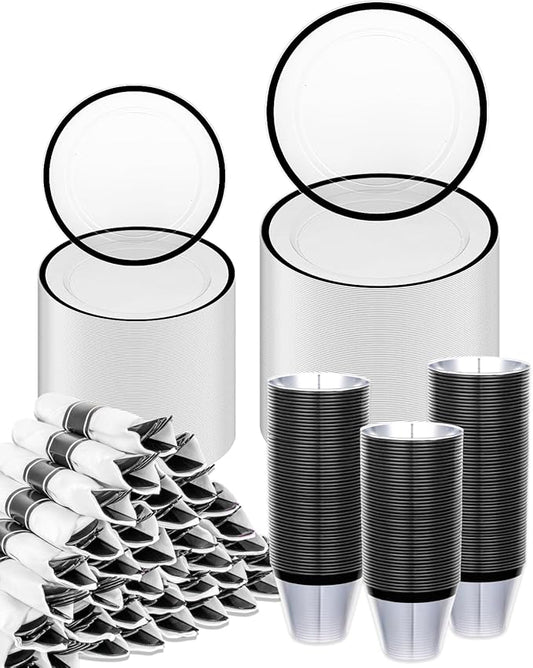 BESTVIP 700Pcs Clear Black Plastic Plates for Party,Disposable Dinnerware Set for 100 Guests, 200 Plastic Plates,100 Cups,100 Pre-Rolled Napkins with Cutlery for Graduation Party, Wedding, Halloween