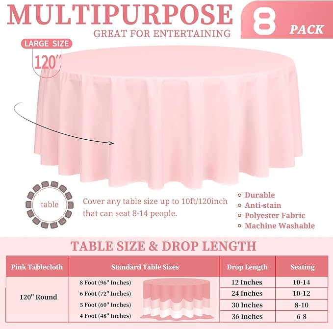 Showgeous 8 Pack Pink Round Tablecloth 120 Inch Polyester Table Cloth for Round Tables Washable Decorative Fabric Table Covers for Wedding Dining Party