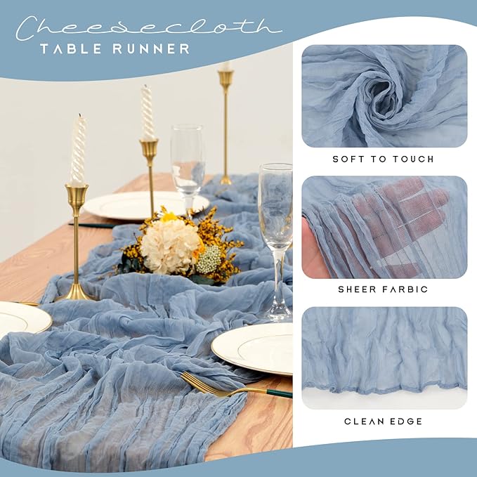 12 Pack Cheesecloth Table Runner 35 x 120 inch Long Boho Cheese Cloth Gauze Table Runners Semi Sheer Table Runner for Wedding Decor, Bridal Shower, Birthday Party (Dusty Blue)