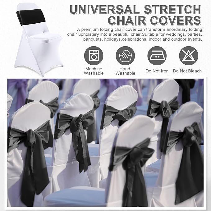 Lounsweer 50 Pcs Folding Chair Cover Set with 25 Stretch Spandex Slipcovers 25 Satin Chair Sashes Bows Ribbon Washable Banquet Protector for Wedding Event Party(White, Black)
