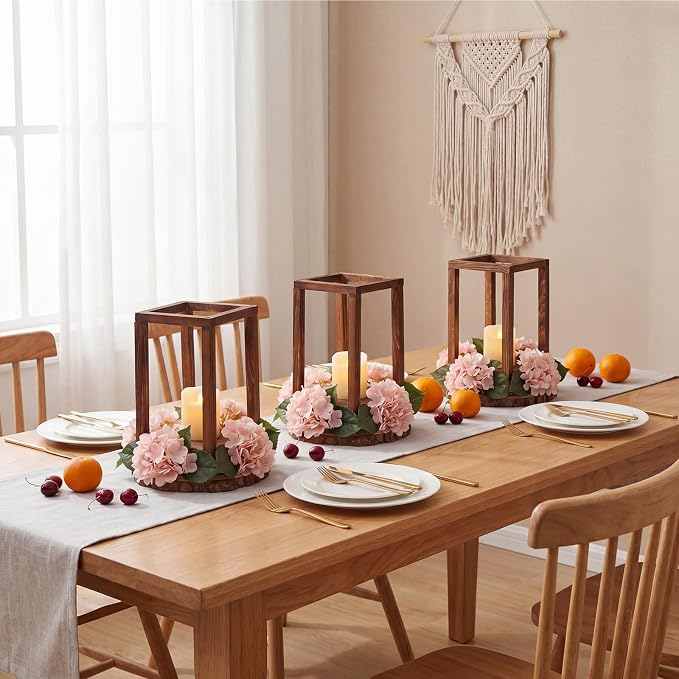 Leinuosen 12 Set Wooden Wedding Lantern Centerpiece Baptism Wooden Lantern Candle Holder and Wood Slices, Rustic Decorative Home Centerpiece for Wedding Table Party Farmhouse Country Decor