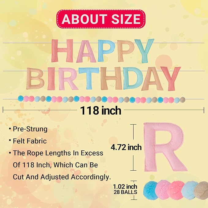 Bosctanuc 118 Inch Pre Strung Happy Birthday Banner, Felt Ball Garland Happy Birthday Garland, Macaron Birth Day Decor Party Favor, Macaron String Balls, Resuable Felt Banner