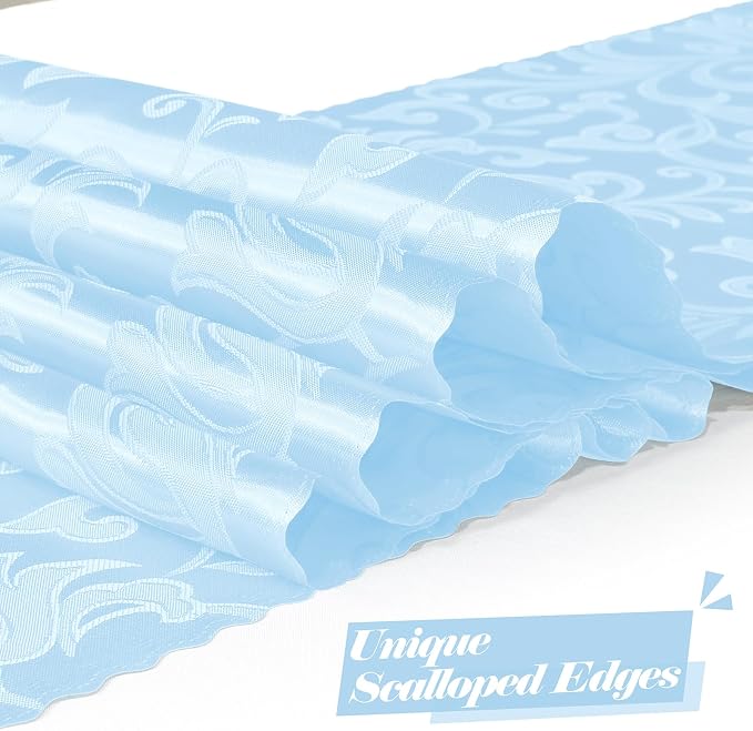 MILVOWOC 12 Pack Light Blue Satin Table Runner, 12 x 72 Inch Jacquard Damask Rectangle Bright Silky Decorative Table Runner for Party Banquet Birthday Dinner Wedding Table Decor