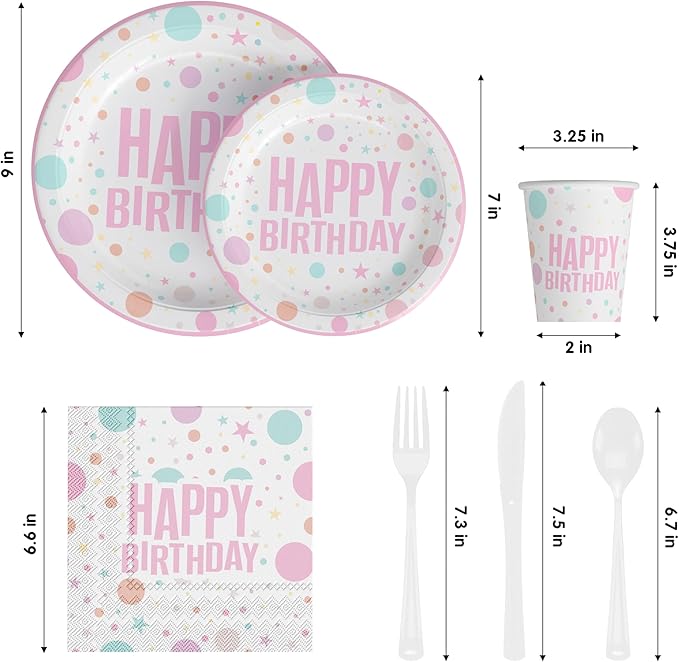 Exquisite 350 Pcs Pink Happy Birthday Plates and Napkins Set, Pink Birthday Plates Set, 50 Of Each 9" Dinner Plate, 7" Dessert Plate, 12 oz Cups, Napkins & Cutlery Plastic Dinnerware Set Set