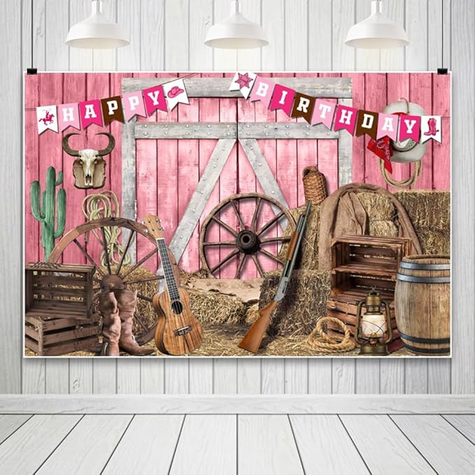 Leowefowa Pink Western Cowgirl Backdrops 5x3ft Pink Barn Door Haystacks Background for Photography Western Rustic Girl Birthday Party Banner Decor Cowgirl Party Portrait Studio Props Vinyl