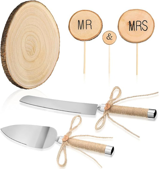 Beeveer Rustic Wedding Table Decor Set Including Stainless Steel Cake Knife and Serving Set, Large Wood Slices for Centerpieces, Mr&mrs Toppers Natural Wood for Boho Wedding Couple Party