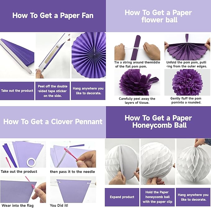 24 Pcs Purple Birthday Decorations Kit, Reusable Hanging Paper Fans Triangle Banner Tissue Pom Poms for Lavender Party Event and Wedding Graduation Bridal Shower Retirement