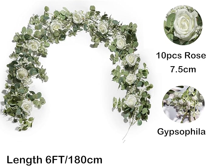 6FT Artificial Eucalyptus Garland with Flowers, 10 White Roses Baby Breath Garland Floral Greenery for Wedding Party Centerpiece Table Runner Backdrop Wall Decor Decoration
