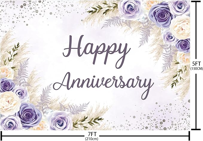 MEHOFOND Boho Happy Anniversary Backdrop Purple Floral Bohemia Pampas Grass Anniversary Banner Cheers to Marriage Wedding Party Decorations Memorial Portrait Photo Booth Background 7x5ft