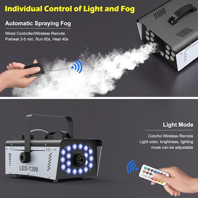 1200W Fog Machine Halloween Outdoor with 18 LED Lights 6000CFM Smoke Machine Fog Indoor with Remote for Wedding Party DJ Disco Stage