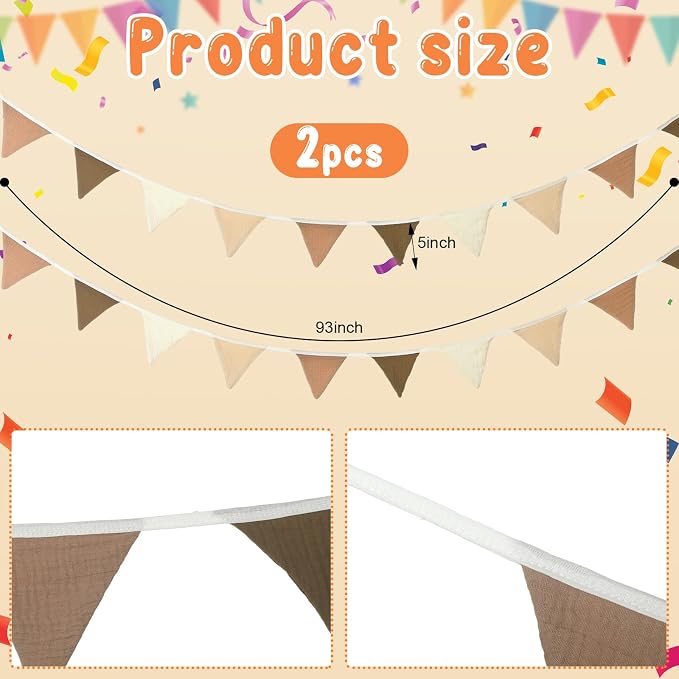 Oudain 2 Pcs Pennant Banner Flags Nursery Garland Triangle Bunting Flags Playroom Wall Decor Banner for Nursery Baby Shower Birthday Boho Wedding Party Event, Each 7.75 ft(Khaki Colors)