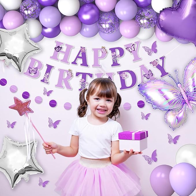 30th Purple Birthday Decorations for Women, Purple Pink 30th Birthday Decorations Butterfly Theme Lavender Party Decor Set with Number Balloons, Banner, Sash, Butterfly Stickers
