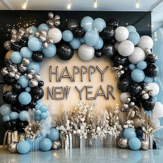 Blue Black Balloon Garland Double Stuffed Dusty Blue White Balloons Black Silver Balloon Arch for Birthday Wedding Graduation Baby Shower Anniversary Party Decorations