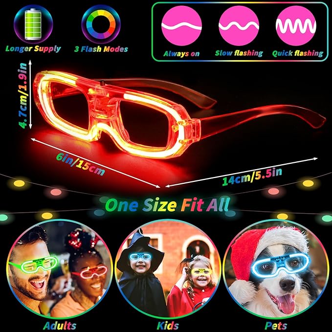 60 Pcs LED Glasses Bulk 10 Neon Colors Glow in the Dark Party Favor Supply for Light Up Glasses 3 Light Modes Glow Stick Sunglasses for Birthday Wedding Rave Party Flash Toy