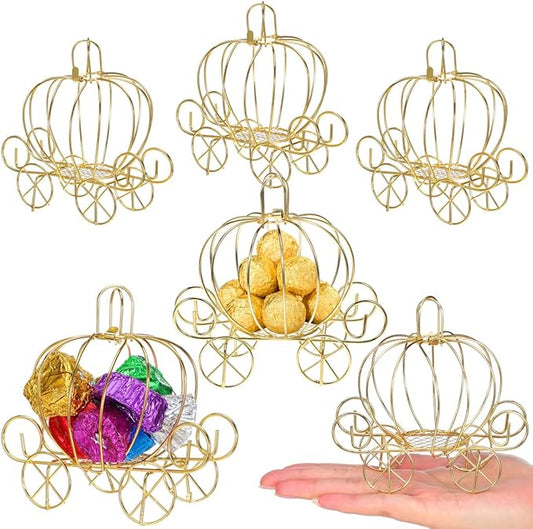 BESPORTBLE 6 Pcs Gold Metal Cinderella Pumpkin Carriage Candy Box – Princess Carriage Centerpiece for Wedding Birthday Baby Shower Table Decor