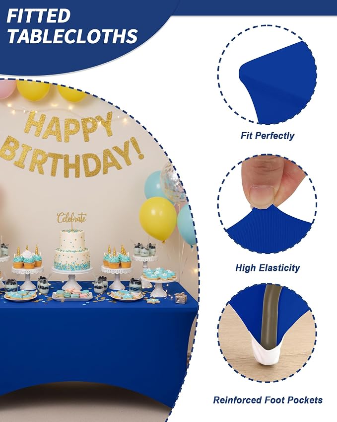 Fixwal Royal Blue Stretch Table Cloth Rectangle 2 Pack 4Ft, Spandex Fitted Table Covers Washable for Party, Trade Show, Banquet, Wedding, Buffet