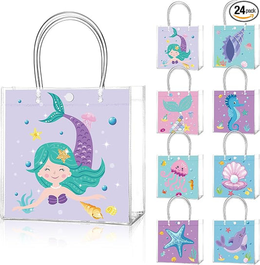 Teenyyou 24 Pcs Mermaid Clear Gift Bags with Handles Under the Sea Party Favor Goodie Candy Treat Tote Gift Bags for Ocean Theme Birthday Party Supplies