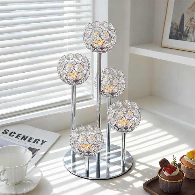 5-Arm Crystal Tealight Candelabra Centerpiece, 14.8 Inch Metal Candle Holder for Table Decor, Wedding, Christmas, Party, Anniversary & Home Decoration (1, Silver, S-14.8 in)