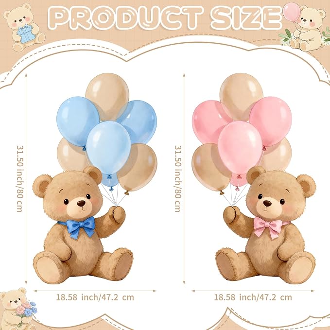 2Pcs Gender Reveal Bear Cardboard Cutouts Standup, Pink Blue Bear Baby Shower Birthday Party Decorations, He or She Photo Booth Props Yard Signs with Stakes & Stands for Indoor Outdoor Use