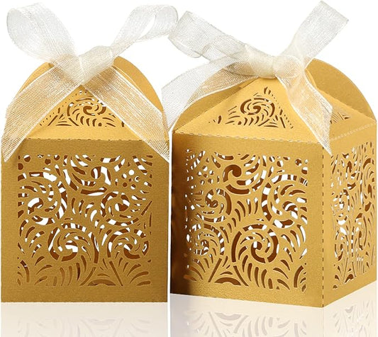 COTOPHER 60Pcs Laser Cut Favor Boxes, 2x2x2.75in Small Gift Boxes for Presents, Party Wedding Favors Boxes with Ribbon, Mini Candy Boxes for Event Bridal Shower Anniversary Birthday Christmas, Gold