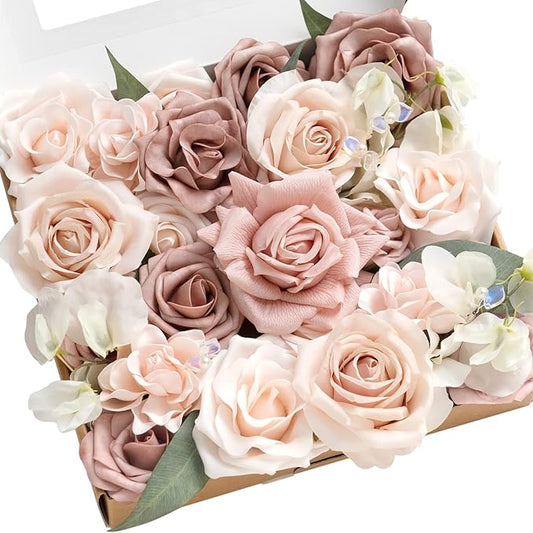 Ling's moment Fake Flowers Box, Faux Artificial Greenery Stems Foam Roses Gardenia Silk Sweat Pea Fabic Flower for DIY Centerpieces Bouquet Wedding Vase Decorations, Dusty Rose & Cream, Grand Combo