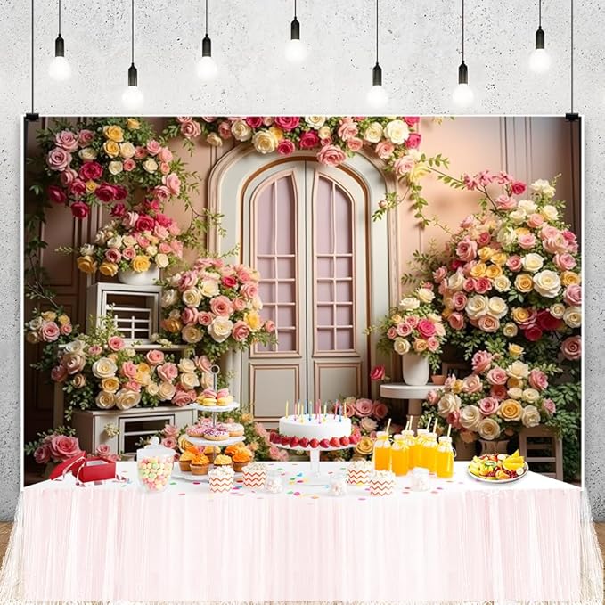 ChloropLastid 10x8ft Wedding Floral Backdrop Pink White Blooming Flowers Photography Background Retro Door Wedding Engagement Bridal Shower Birthday Party Supplies Portrait Photo Booth Props