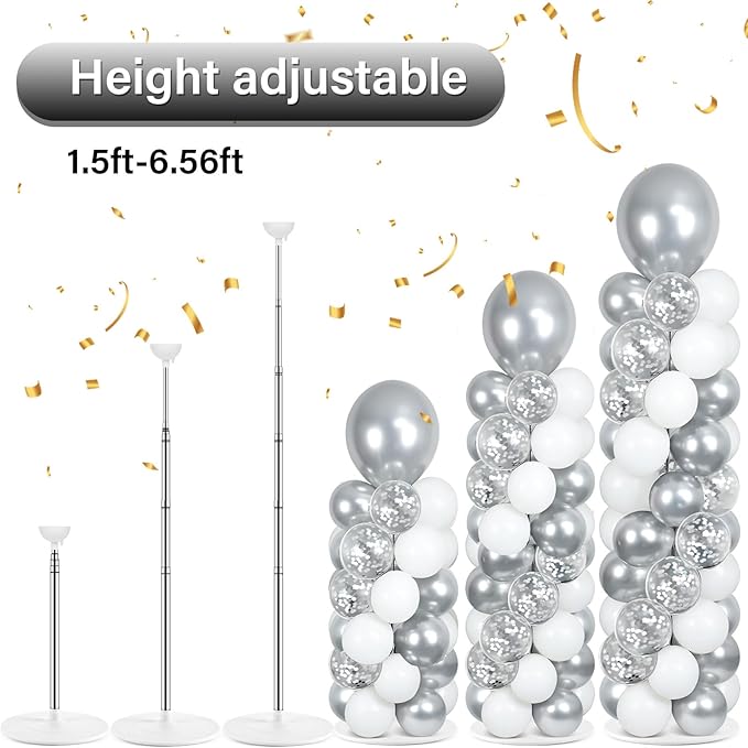 2 Sets Silver and White Balloon Column Stand Kit with 100 Balloons Silver Balloon Tower Stand with Bases for Floor Confetti Balloons Column Kit for Wedding Graduation Birthday Disco Prom Party Decor