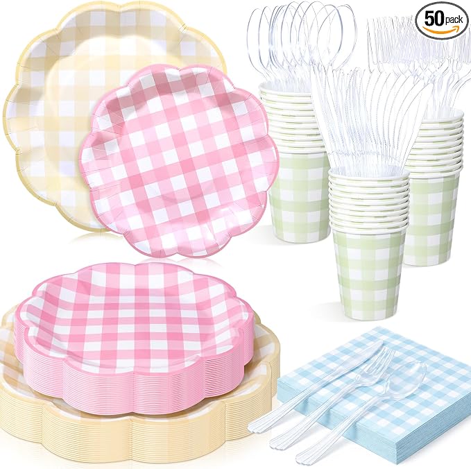 FillTouch 50 Sets Spring Pastel Gingham Disposable Tableware Pink Yellow Paper Plates Green Cups Blue Napkins Clear Knives Forks Spoons for Birthday Baby Shower Wedding Party Decoration