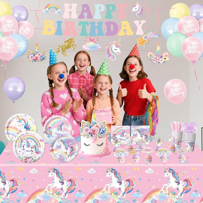 Unicorn Birthday Decorations Includes Plates, Napkins, Cups, Cutlery, Hanging Swirls, Banner, Cake & Cupcake Toppers, Balloons, Tablecloths for Rainbow Girls Birthday Party Decorations, Serve 20