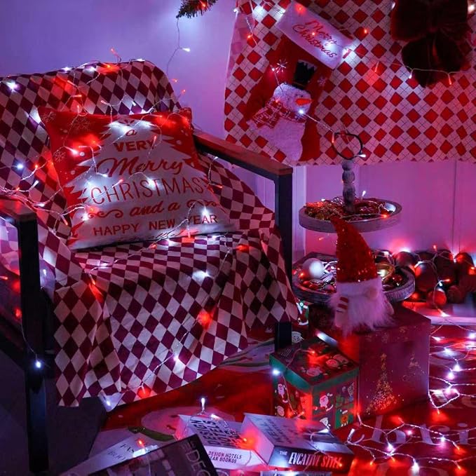 QITONG 2 Pack Battery Operated String Lights, Each 33ft 100 LED Red and White Christmas Lights Outdoor Waterproof, 8 Modes Clear Wire Twinkle Fairy Lights Indoor with Remote