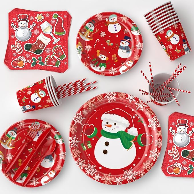 Christmas Themed Happy Birthday Party Decorations, Plates Napkins Cups Tableware, Christmas Snowman Backdrop Tablecloth, Happy Birthday Banner, Cake Topper, Colorful Printed Balloons for Kids Adults