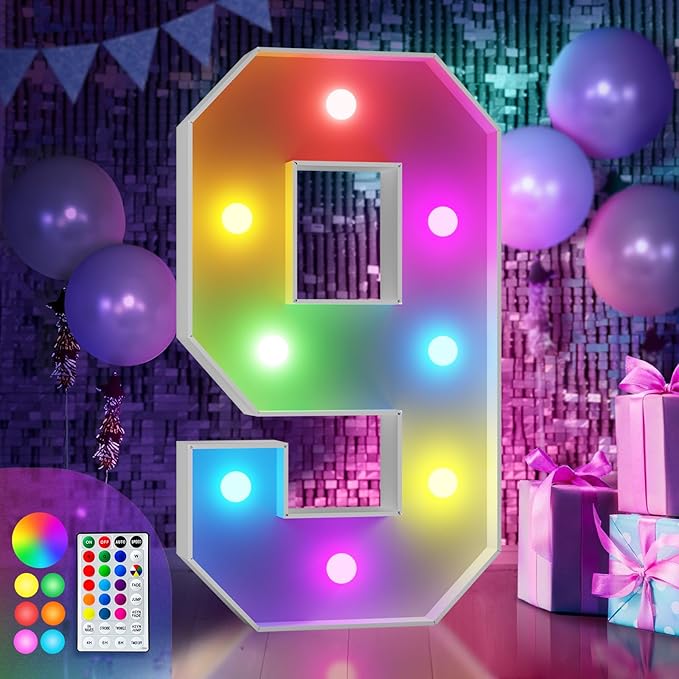 imprsv 3FT Colorful Marquee Numbers,18 Colors with Remote, Light Up Numbers 9 for 9th 90th Birthday Decorations Anniversary Party Decor, Pre-Cut Foam Board Kit, Mosaic Sign for Balloon