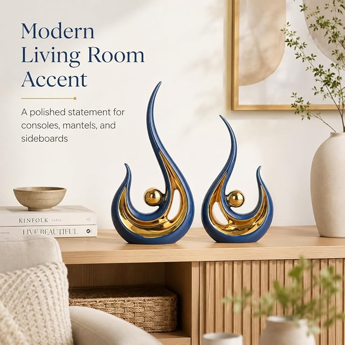 XMGZQ 2pcs Navy Blue Gold Modern Abstract Art Statue Table Decoration,Elegantes Ceramic Statue for Home Décor Accent,Mantel,Bookshelf,Centerpiece Table Decorations for Dining Room,adornos para sala