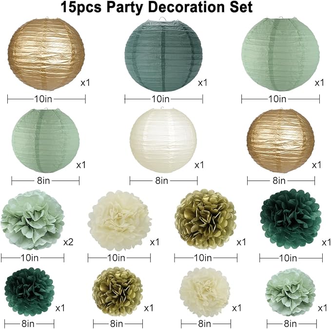 Sage Green Party Decorations, Paper Lanterns and Pom Poms Flowers for Birthday Party Baby Shower Wedding Shower Decor Gold/Ivory/Sage Green 15pcs