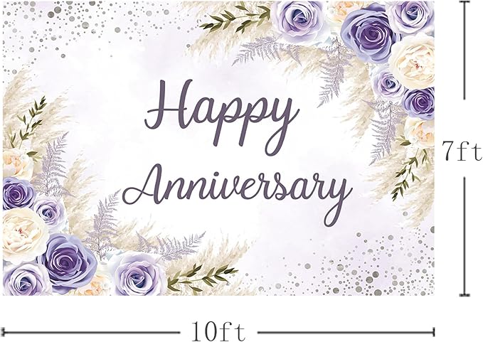 MEHOFOND Boho Happy Anniversary Backdrop Purple Floral Bohemia Pampas Grass Anniversary Banner Cheers to Marriage Wedding Party Decorations Memorial Portrait Photo Booth Background 10x7ft