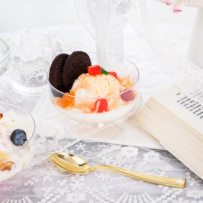 WDF 7oz Clear Dessert Cups Disposable - 96 Pack Dessert Cups With Mini Gold Spoons Plastic Parfait Cups Medium to Large 48 Ice Cream Plastic Cups & 48 Gold Tasting Spoons for Party & Thanksgiving