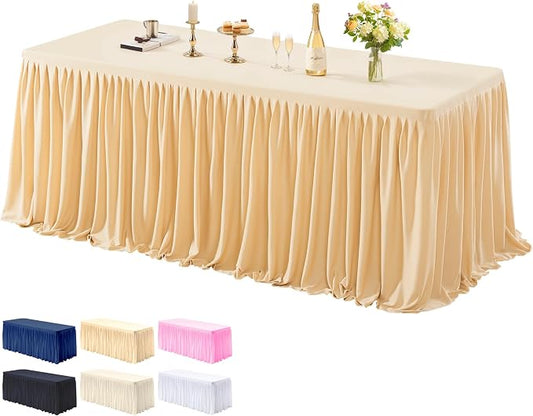 1 Pack Dark Champagne Tablecloths for Rectangle Tables 6ft, Wrinkle Resistant Champagne Table Cover Fitted Stretch Table Cloth with Pleated Ruffle Skirts for Party Banquet Dining Birthday Wedding