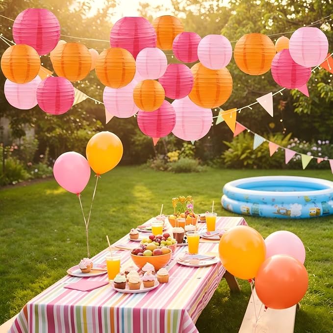 CC wonderland zone 12pcs Hot Pink and Orange Paper Lanterns - Round Ceiling Hanging Paper Lampshades,for Birthday, Baby Shower, Wedding, Party Decorations (4", 6", 8", 10")