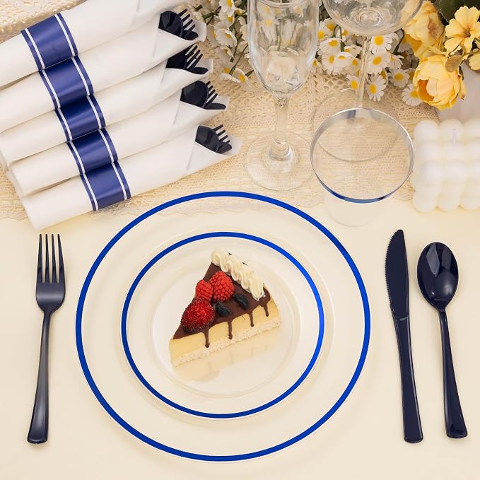 BESTSTAR 350PCS 4th of July Clear and Blue Disposable Plates Set for 50 Guests, 100 Plastic Plates, 50 Cups, 50 Pre-Rolled Napkins with Plastic Cutlery for 4th of July, Graduation Party, Birthday