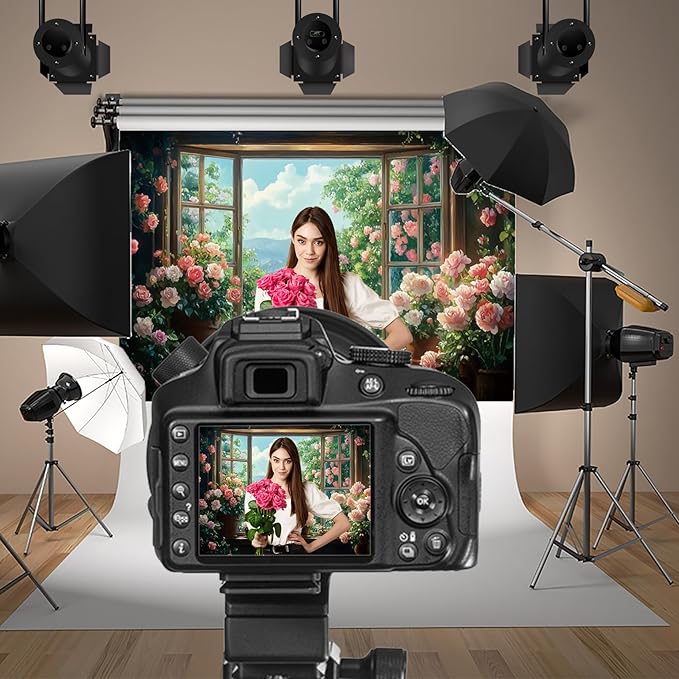 Baocicco 12x10ft Flowers Windowsill Photography Background Spring Floral Retro Oil Painting Photo Backdrop for Valentines Mothers Day Birthday Wedding Party Decorations Girls Women Portraits