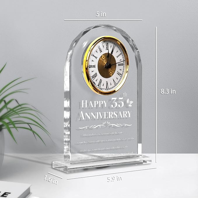 35th Wedding Anniversary Clock Gifts for Couples - Elegant Crystal Glass Clock Keepsake for Husband & Wife - Unique Home Decor for 35 Years of Marriage
